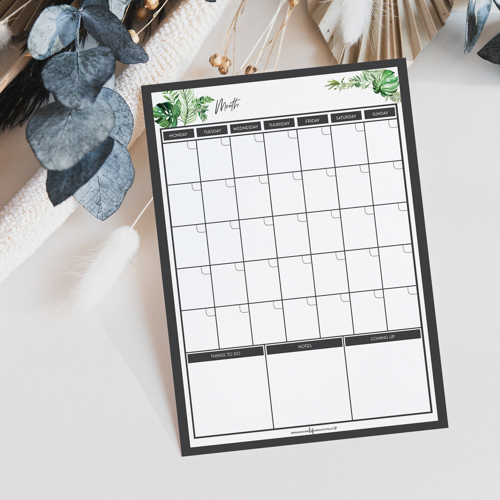 Greenery Calendar Planner with white background and greenery elements