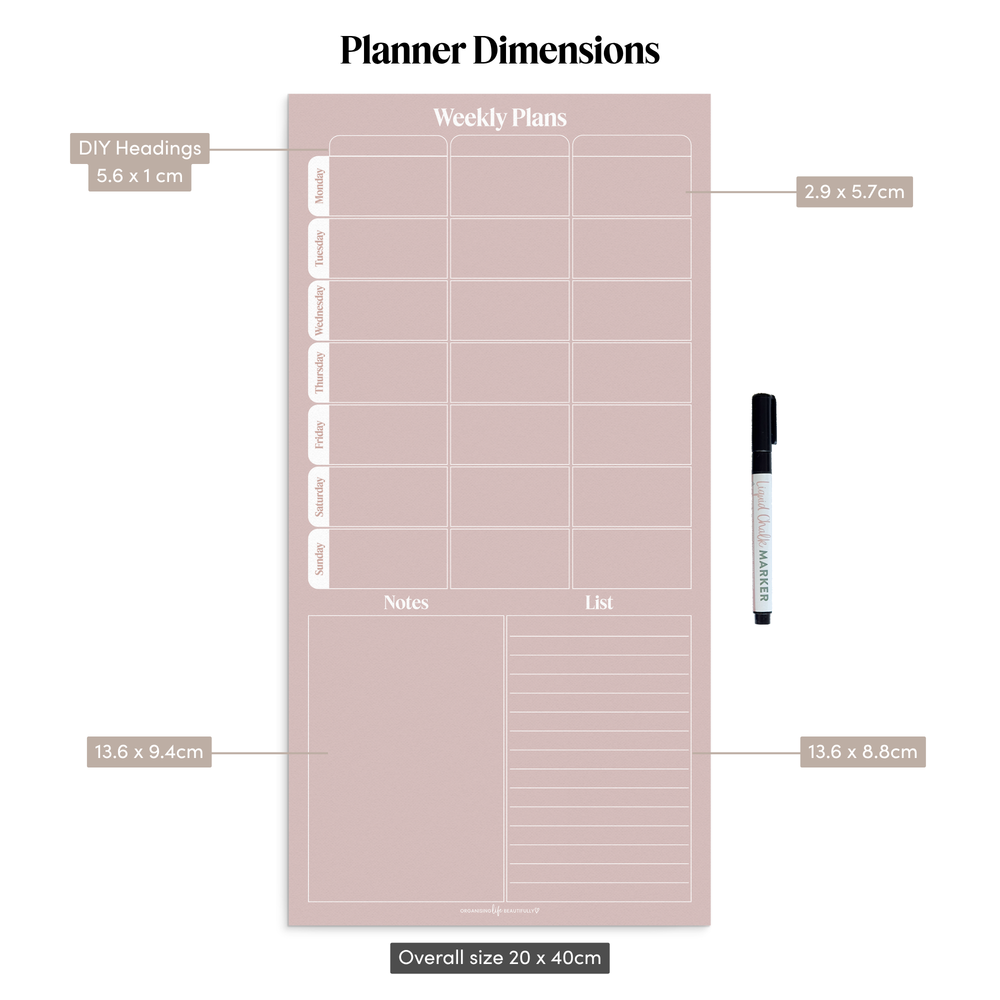 Peel & Stick Wall Planner | Reusable Weekly Schedule • 20x40cm • Rose Organising Life Beautifully