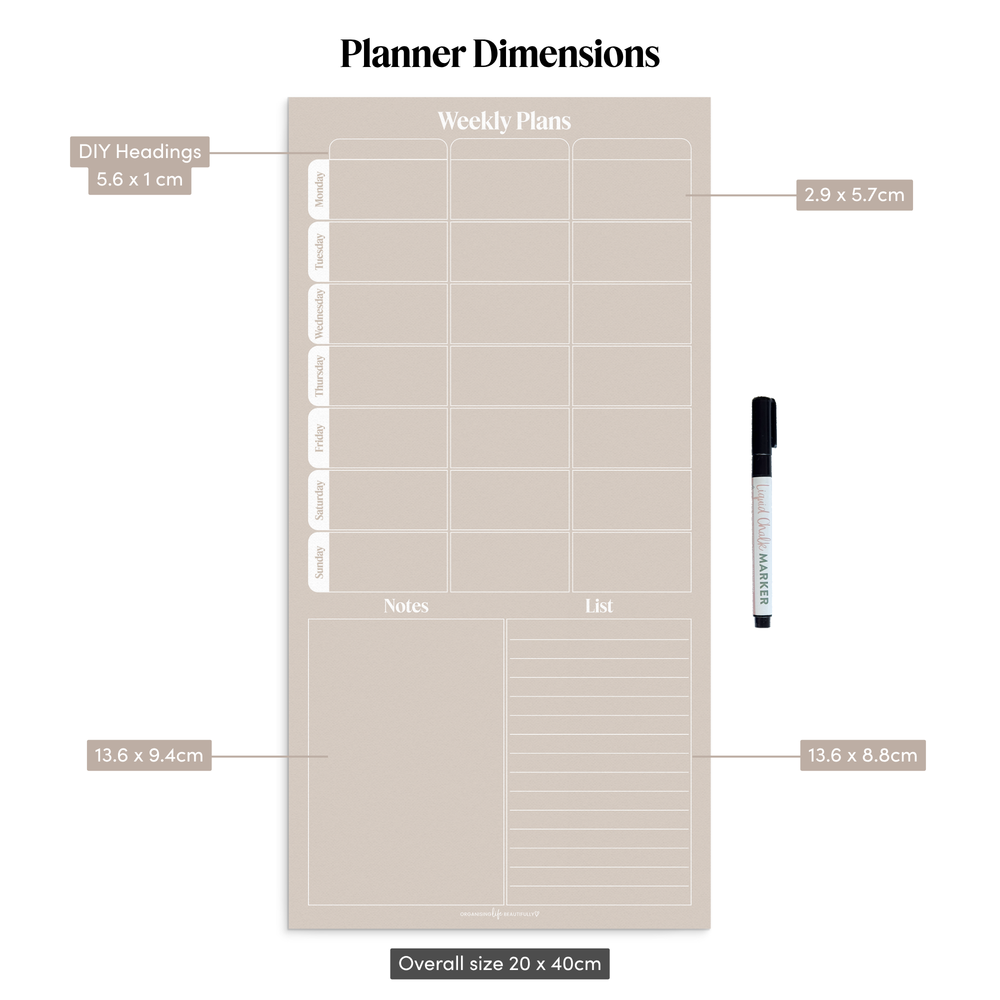 Peel & Stick Wall Planner | Reusable Weekly Schedule • 20x40cm • Sand Organising Life Beautifully