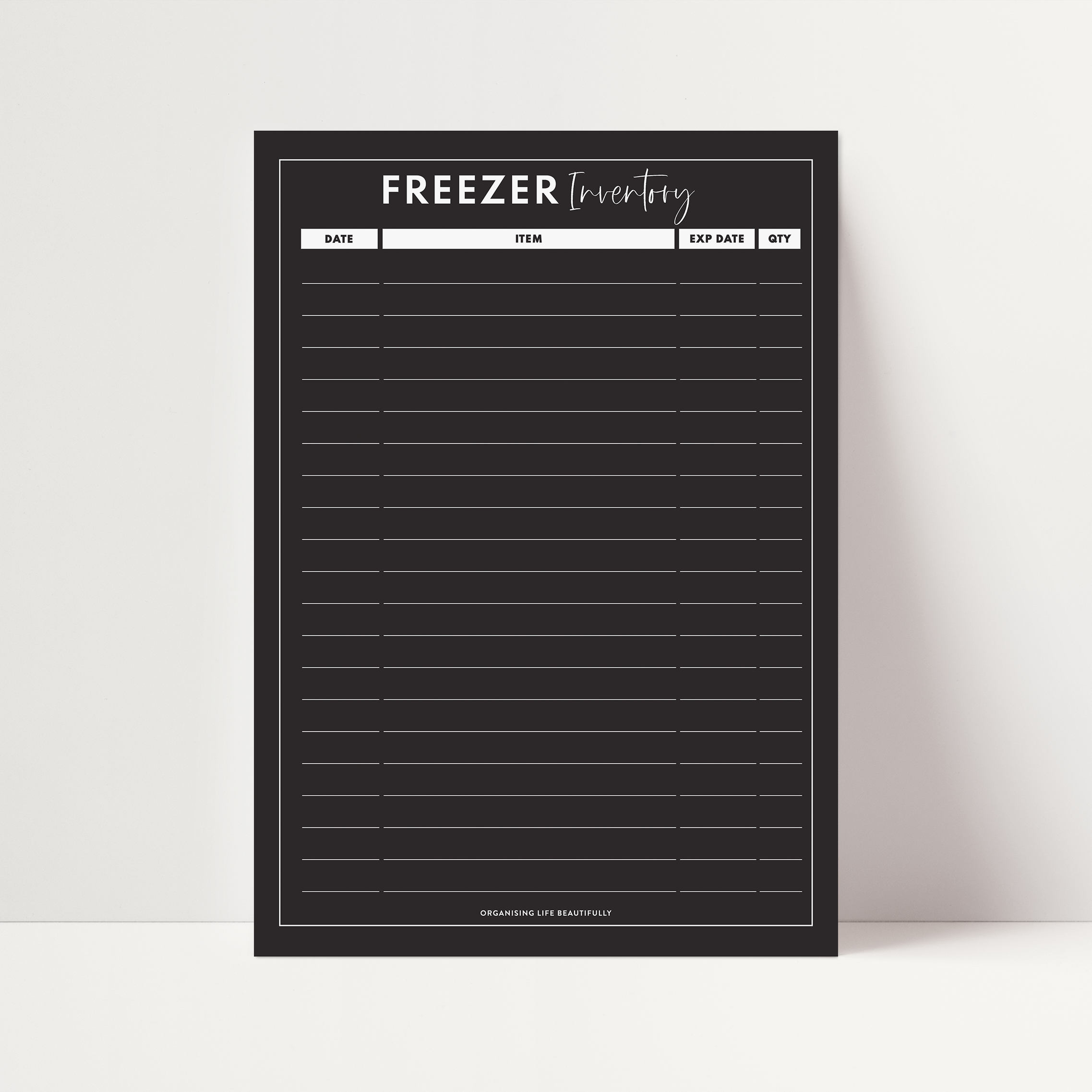 Magnet | Freezer Inventory/Tracker - Black (A4 or A3) Organising Life Beautifully