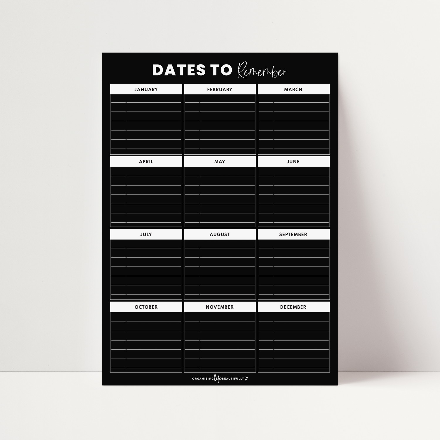 Magnet | Dates to Remember - Black (A3) Organising Life Beautifully