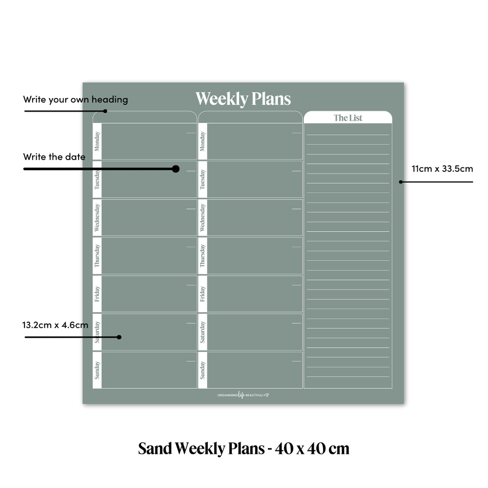 Peel & Stick Wall Planner | Reusable Weekly Planner (40x40cm) Fern Organising Life Beautifully