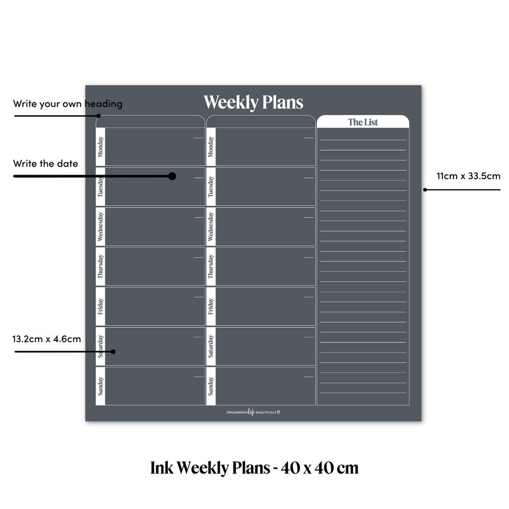 Peel & Stick Wall Planner | Reusable Weekly Planner (40x40cm) Ink Organising Life Beautifully