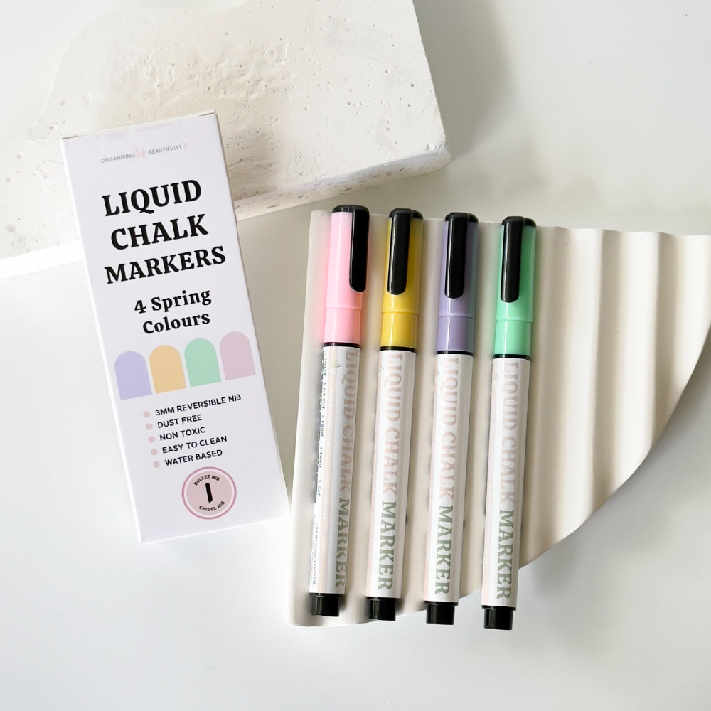 Coloured liquid chalk markers in pastel pink yellow purple and green