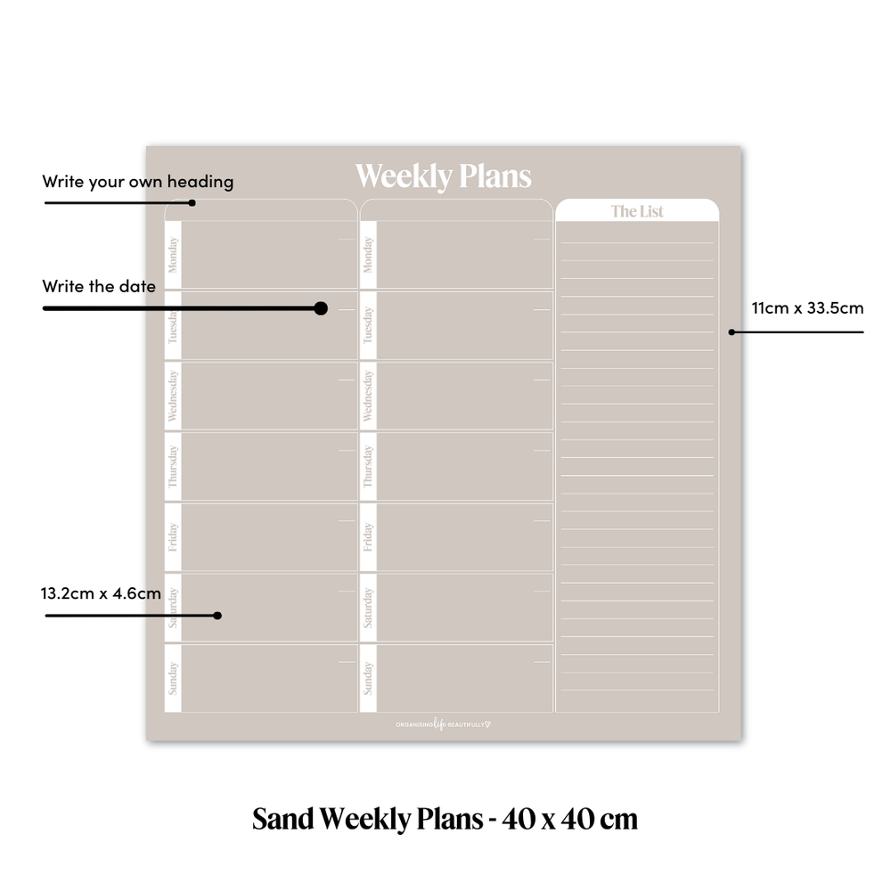 Peel & Stick Wall Planner | Reusable Weekly Planner (40x40cm) Sand Organising Life Beautifully