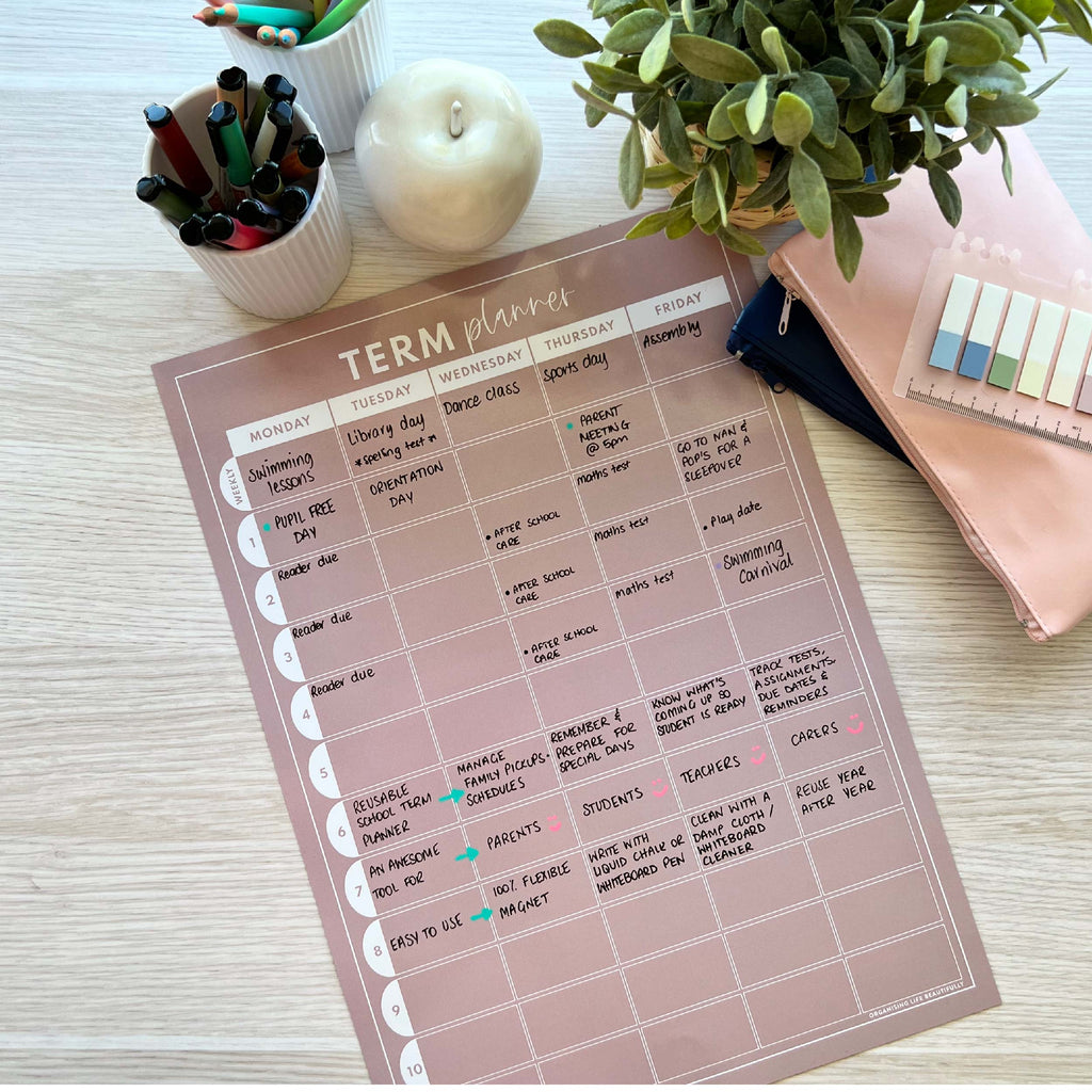 Reusable school term planner magnet in blush pink and white, 11 week term styled with liquid chalk and accessories