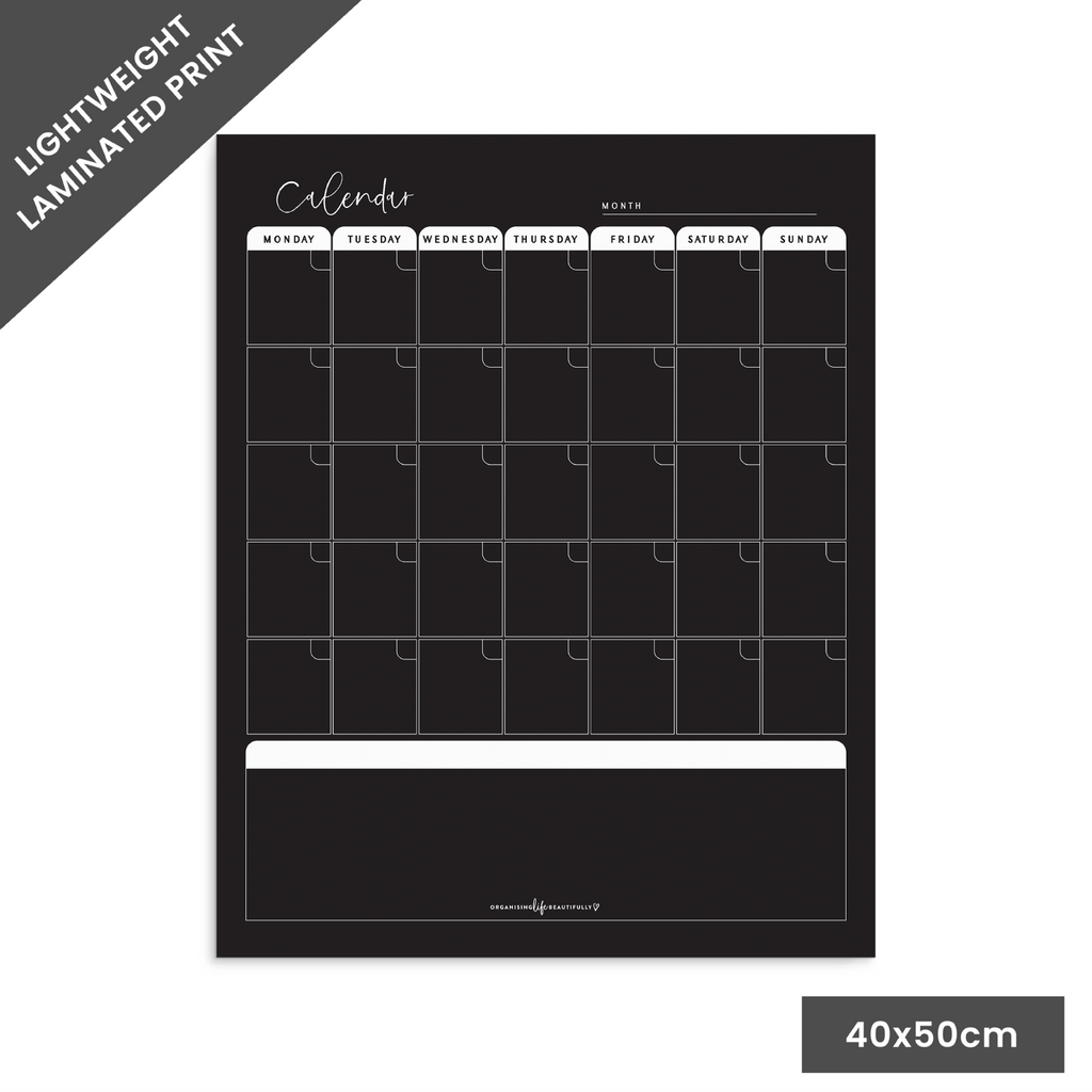 Laminated | Wall Calendar - Black - Organising Life Beautifully
